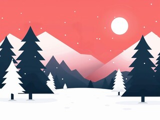 Obraz premium A serene winter landscape with snow-covered trees and mountains under a red sky, featuring a full moon and falling snow.