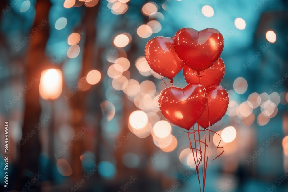 Poster A cluster of red heart-shaped balloons float against a backdrop of twinkling city lights. Generative AI