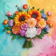 Fototapeta premium Floral bouquet with sunflowers and carnations, right side, colorful abstract background, vibrant and lively