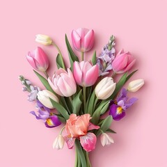 Bouquet with tulips and irises, blank space center, pastel gradient background, soft and charming