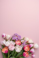 Bouquet with tulips and irises, right side, pastel gradient background, soft and charming