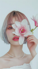 Naklejka premium Beautiful asian girl woman model posing with pink flowers in her hair on pastel pink blue background. The concept of naturalness of cosmetic products and cosmetology