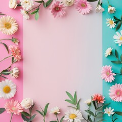 Obraz premium Floral arrangement with daisies and carnations, left side, vibrant gradient background, fresh and charming