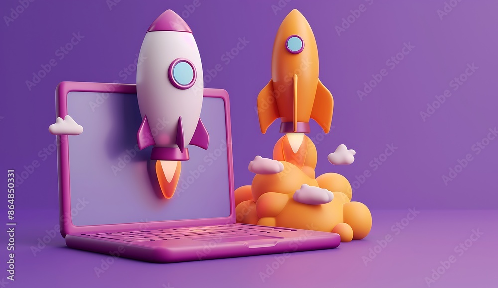 Wall mural computer with space for text a 3d rocket is taking off from a laptop against a purple background, wi