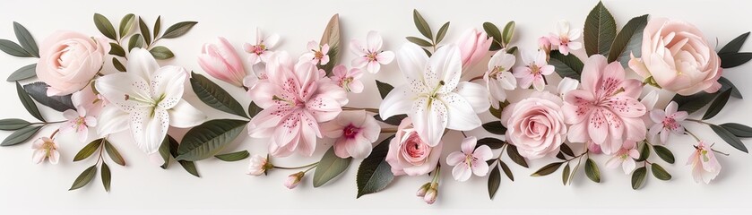 Fototapeta premium Delicate spring flower border, pastel hues, cherry blossoms and lilies, elegant and fresh