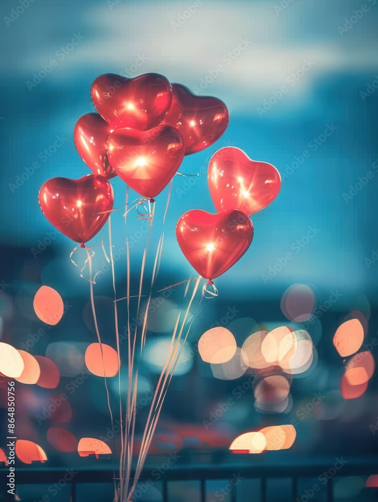Poster Red heart-shaped balloons float against a twilight sky, creating a romantic and intimate scene. Perfect for restaurants, romantic events, and more. Generative AI
