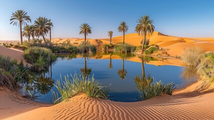 Desert oasis with tall palm trees and still water under clear blue sky surrounded by golden sand dunes