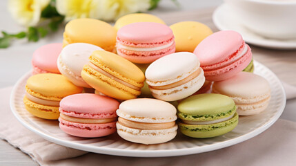 Obraz premium Vibrant macarons on a white plate perfect for Easter celebrations.