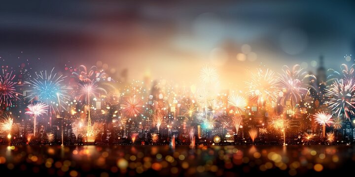 A vibrant city skyline illuminated by colorful fireworks, celebrating a festive night with lights reflecting on the water below.