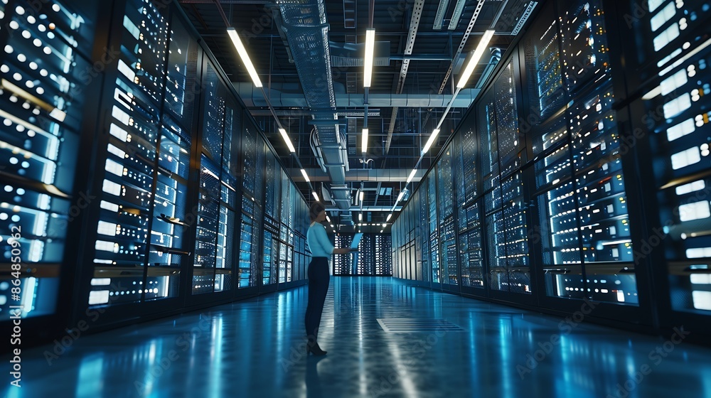 Fototapete 3D Computer Graphics Big Data Center Female Chief Technology Officer Using Laptop Standing In Warehouse Activates Servers Information Digitalization Starts SAAS Cloud Computing Online  : Generative AI