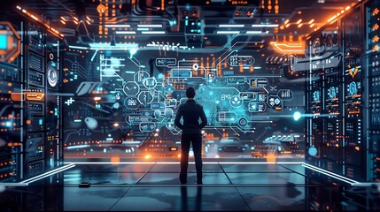 Fototapeta premium Internet Business Digital technology Network and cybersecurity of data center with engineer working in a server room computer Data analytics troubleshooting with a programmer : Generative AI