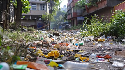 Garbage and litter scattered on an urban street with buildings and overgrown plants