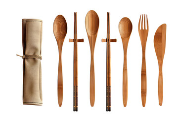 A set of wooden cutlery with a carrying case, including spoons, forks, knives and chopsticks.