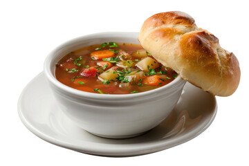 A bowl of hearty vegetable soup with a warm, crusty roll on top.