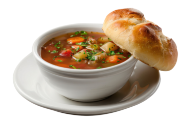 A bowl of hearty vegetable soup with a warm, crusty roll on top.