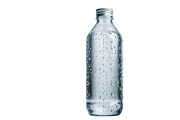 A glass bottle of water with condensation droplets. The bottle is isolated on a black background.