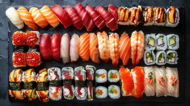 Big set of fresh japanese sushi on slate.