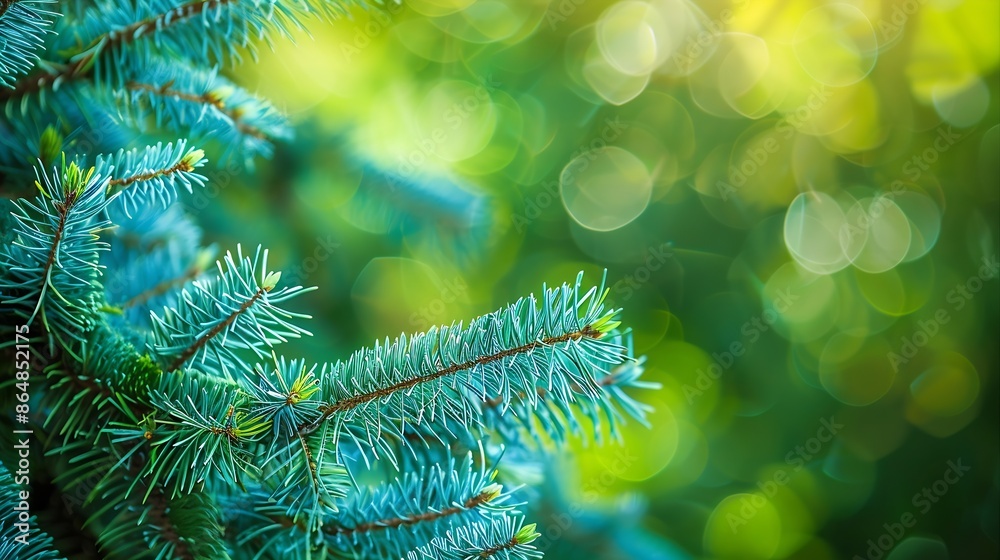 Poster blue spruce and fir tree branches with fresh green needles on blurred green and an isolated backgrou