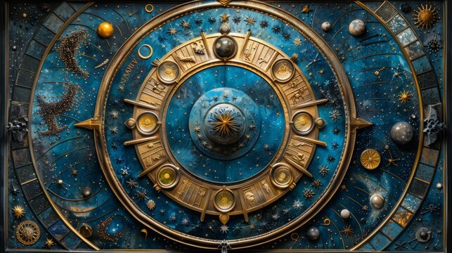 A detailed clock face depicting the zodiac signs and planets, with gold accents and a blue background.