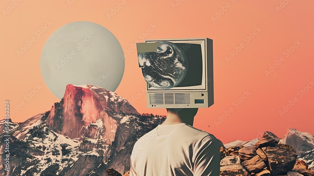 Poster contemporary art collage and modern design male gaze from the past retro computer isolated over yloo