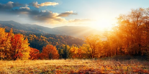 Fototapeta premium Breathtaking autumn landscape with vibrant foliage, golden sunlight, and rolling hills under a picturesque sky during a serene fall sunset.
