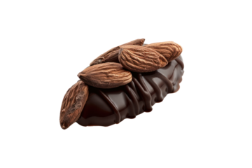 A close-up of a chocolate almond candy on a black background
