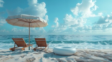 summer vacation concept. Beach umbrella with 2 chairs, float on the beach sand. 3D photo background. Front view.