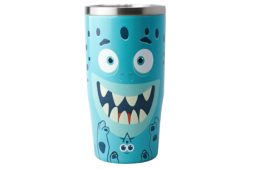 Blue monster-themed stainless steel tumbler with a toothy grin. Perfect for kids and adults who love fun and quirky designs.