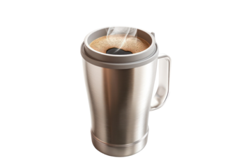 A stainless steel travel mug filled with steaming coffee.  The mug has a black lid and a handle.