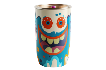 A colorful, cartoonish monster face is printed on a tall, white tumbler. The monster has large eyes, a wide smile, and a playful expression.