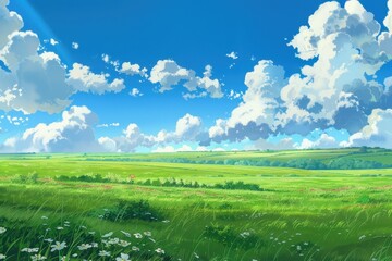 Fototapeta premium Beautiful green field with blue sky and white fluffy clouds, vibrant landscape photography with scenic background