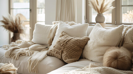 a couch with pillows and blankets
