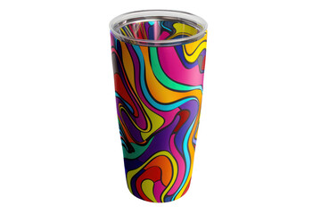 Fototapeta premium A colorful, abstract swirl pattern on a tall, stainless steel tumbler. The design features vibrant shades of pink, purple, yellow, orange, and blue.