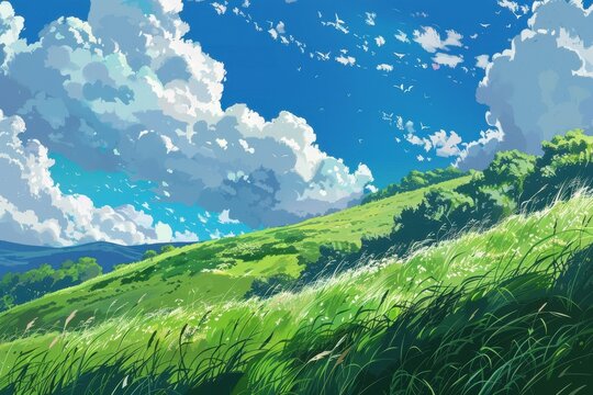 Green grassy hill with rolling clouds in the blue sky. Anime style landscape with a beautiful, scenic view