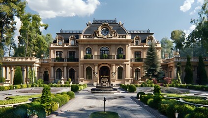 Naklejka premium Grand Estate. Luxurious French Chateau Architecture and Landscaped Gardens