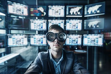 Man exploring virtual reality with VR headset, engaging with advanced digital technology and immersive gaming experiences, futuristic innovation.