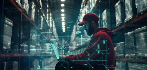 Warehouse Manager Utilizing Laptop with Advanced Digital Interface. Concept of Technological Innovation in Inventory Management. Background of Smart Warehousing and Efficiency.