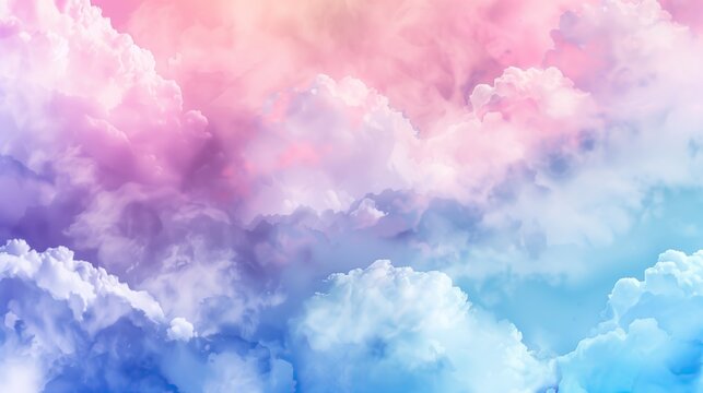 A bright, multi-colored background with fluffy clouds and a watercolor effect, creating a cheerful and colorful sky. Perfect for banners, invitations, or artistic projects.