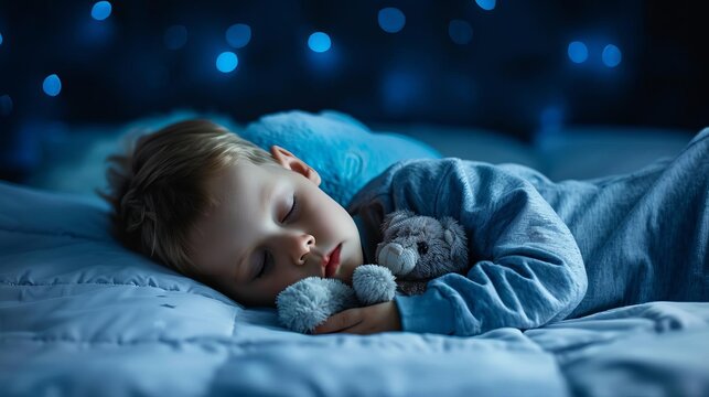 Child sleeping soundly in a soft bed with a favorite stuffed animal, serene night, gentle colors, peaceful sleep, comforting atmosphere