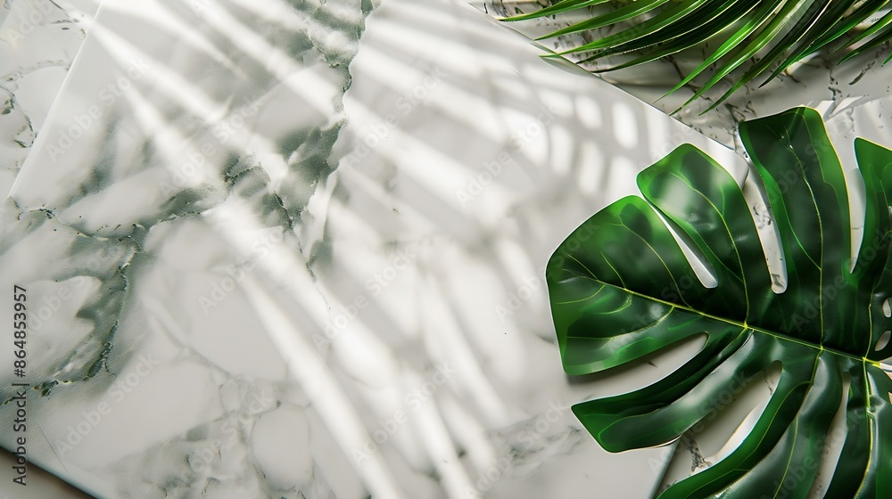 Aufkleber Empty marble board with green leaves on a light background with shadow Layout concept for presentation of promotional products sale or demonstration of cosmetics Front view and copy sp : Generative AI