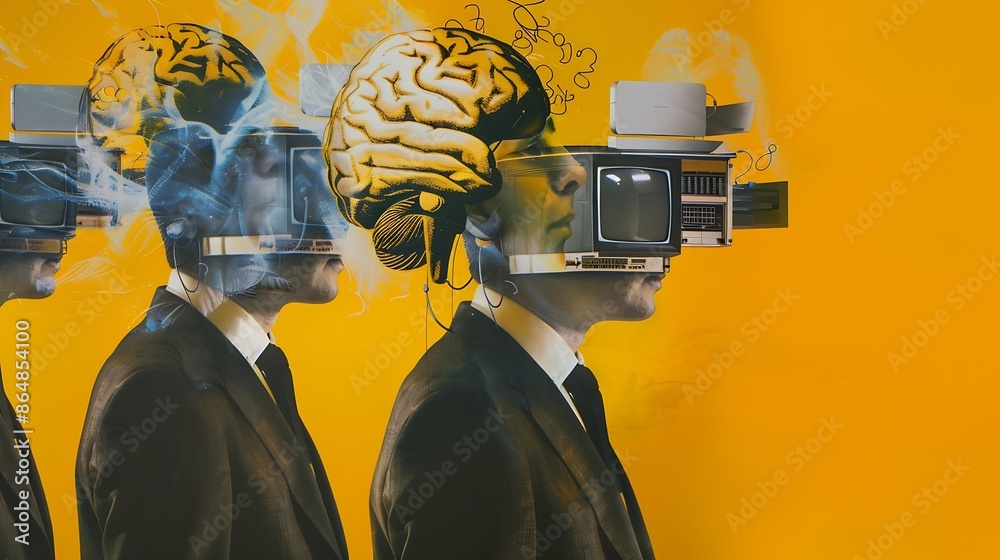 Aufkleber Man businessmans brain charge by means of energy of retro computers on yellow background Contemporary art collage Loading generating new ideas Concept of surrealism retro style : Generative AI