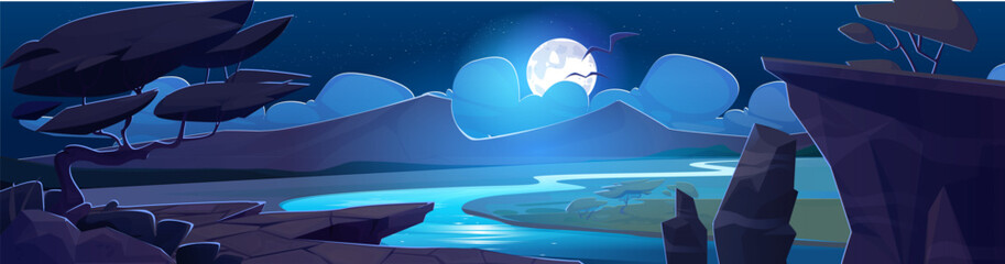 Night African savannah landscape with river. Vector cartoon illustration of dark valley with grassland and hills, full moon glowing in starry sky with clouds, birds flying, trees growing on rock