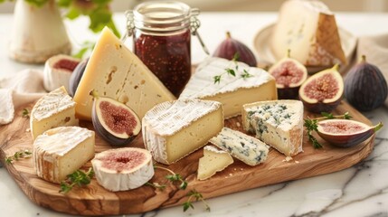 A quaint wooden ting board holds an assortment of artisanal cheeses paired with a jar of homemade fig jam.