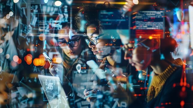 Vertical creative collage poster busy young people business affairs online communication huge laptop social network dialog : Generative AI - Powered by Adobe