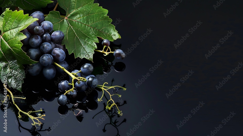 Poster blue grapes and vine branches on a black reflective background copy space : generative ai