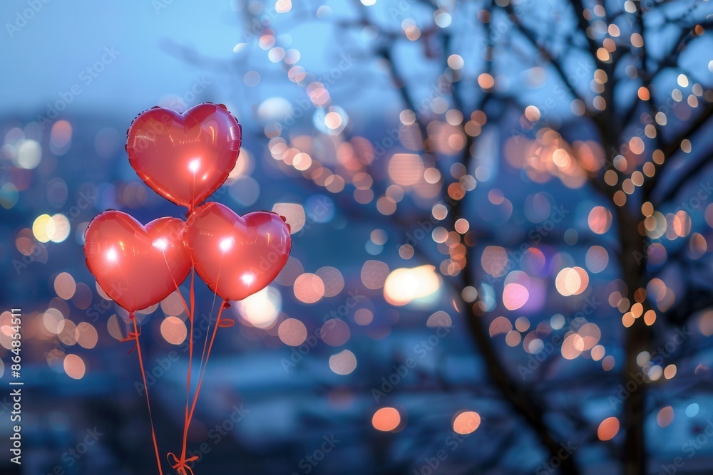 Poster three heart-shaped balloons against a blurred background of a romantic evening in a park or rooftop.