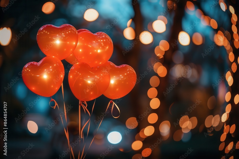 Poster a cluster of heart-shaped balloons against a blurry background of twinkling lights, perfect for an i