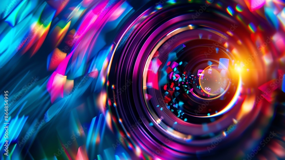 Poster Close up Beautiful camera lens with multi colored light Background pattern for design : Generative AI