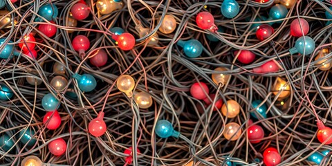 Close-up of tangled colorful Christmas lights with red, blue, and white bulbs creating a festive holiday atmosphere.
