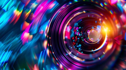Close up Beautiful camera lens with multi colored light Background pattern for design : Generative AI